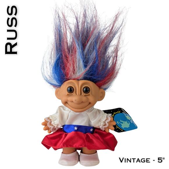 VTG Russ Lucky Troll Doll w/ Tags 5" Girl United States Red White Blue Patriotic - Picture 1 of 7